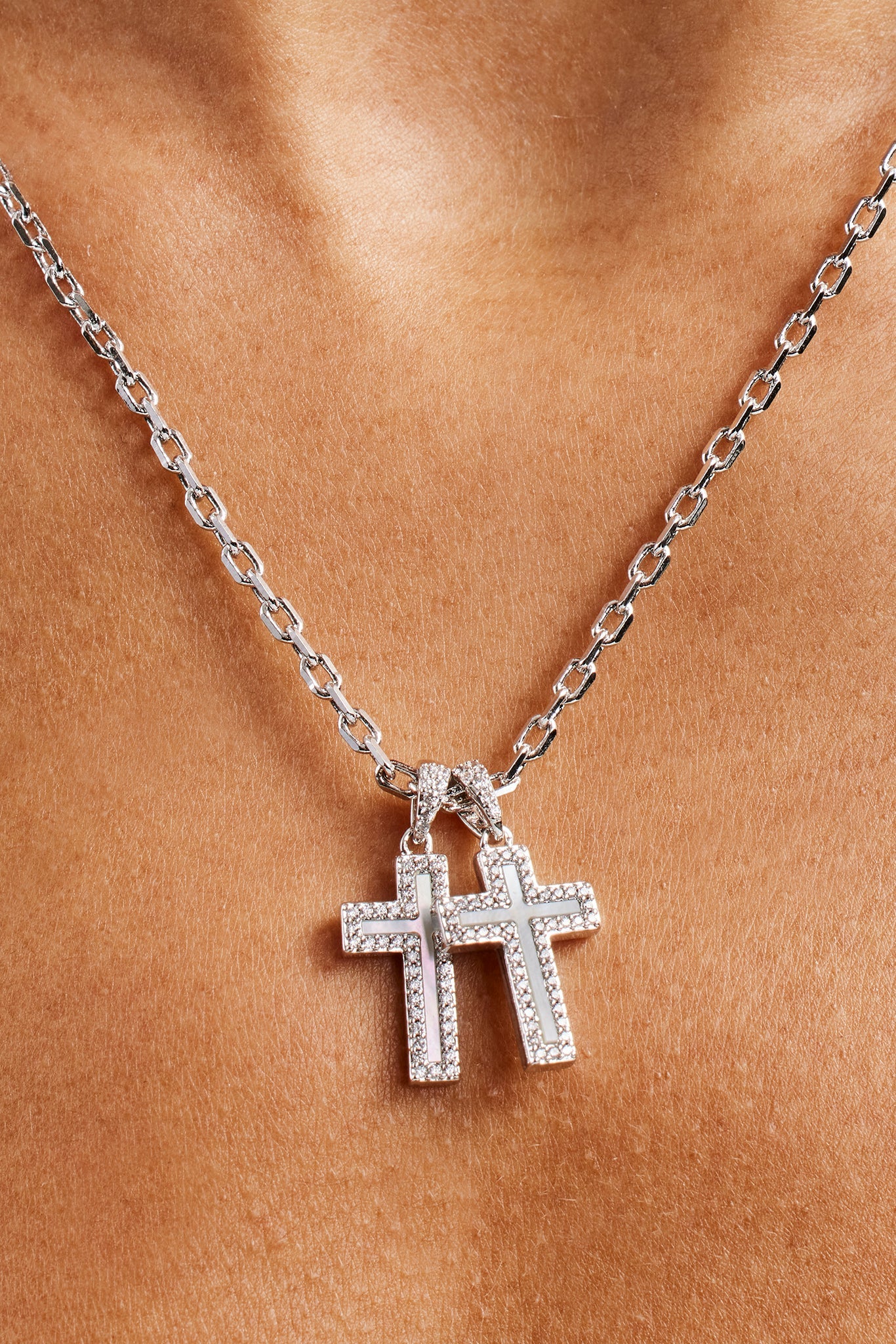 Mother Of Pearl Double Cross Necklace - 15mm - White