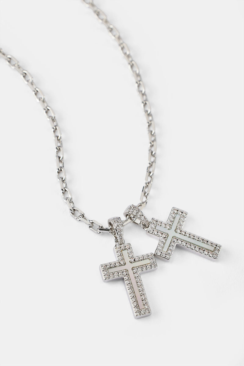 Mother Of Pearl Double Cross Necklace - 15mm - White