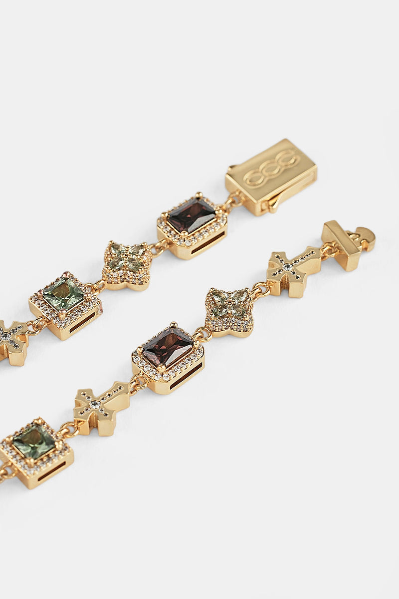Chocolate Motif & Cross Multi Gemstone Bracelet -Â  8mm - Gold