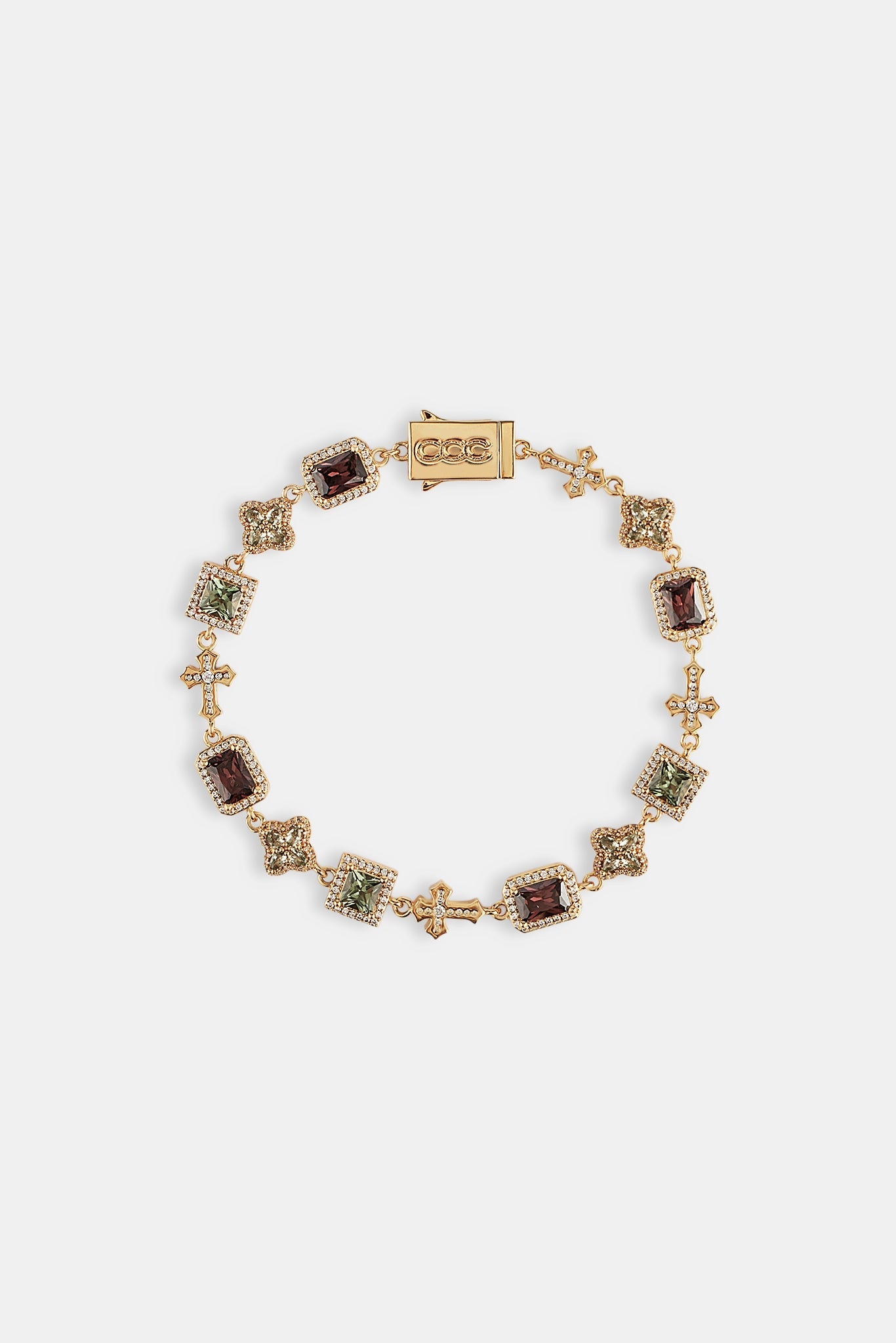 Chocolate Motif & Cross Multi Gemstone Bracelet -Â  8mm - Gold