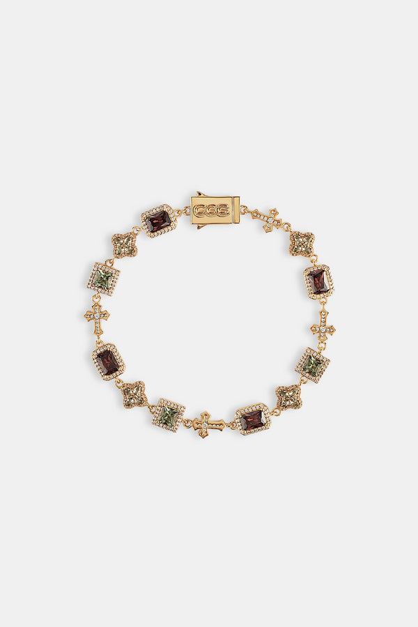 Chocolate Motif & Cross Multi Gemstone Bracelet -Â  8mm - Gold