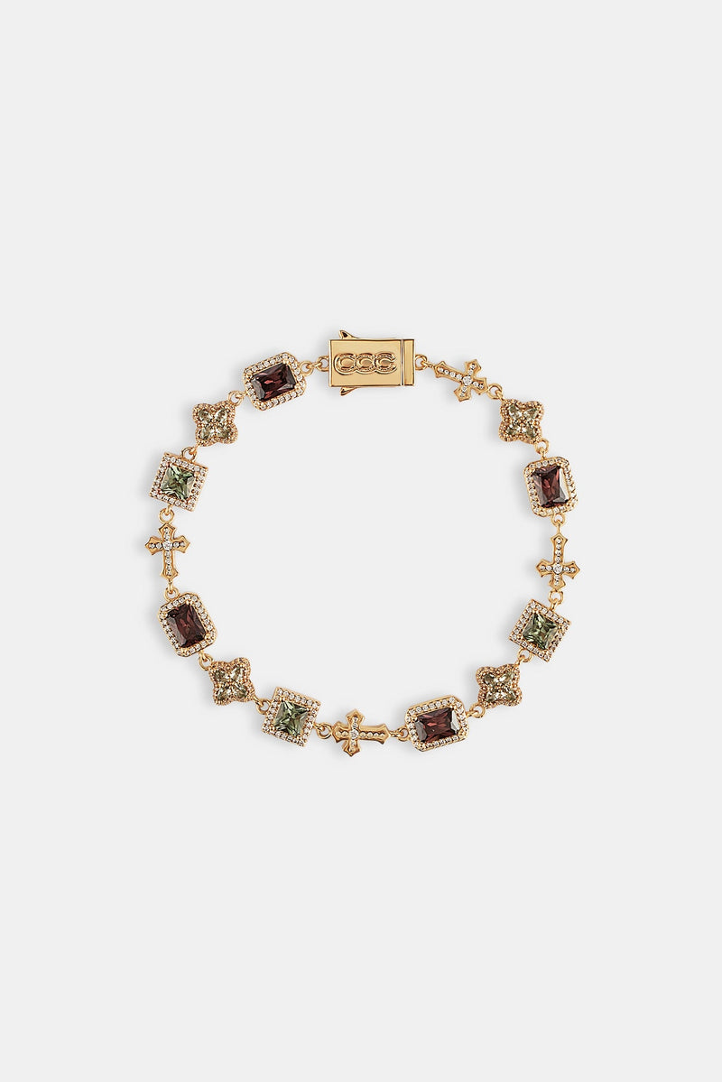 Chocolate Motif & Cross Multi Gemstone Bracelet -Â  8mm - Gold