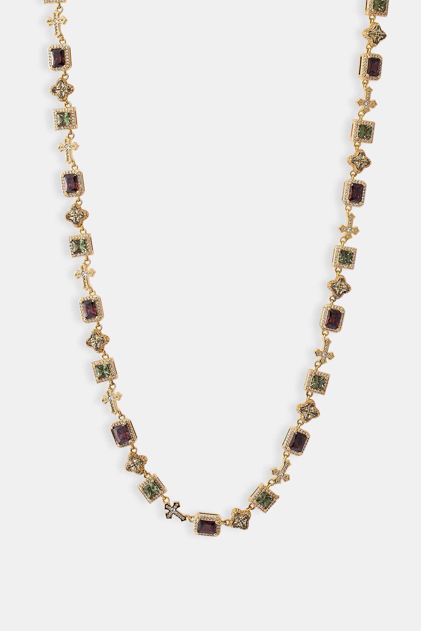 Chocolate Motif & Cross Multi Gemstone Chain -Â  8mm - Gold