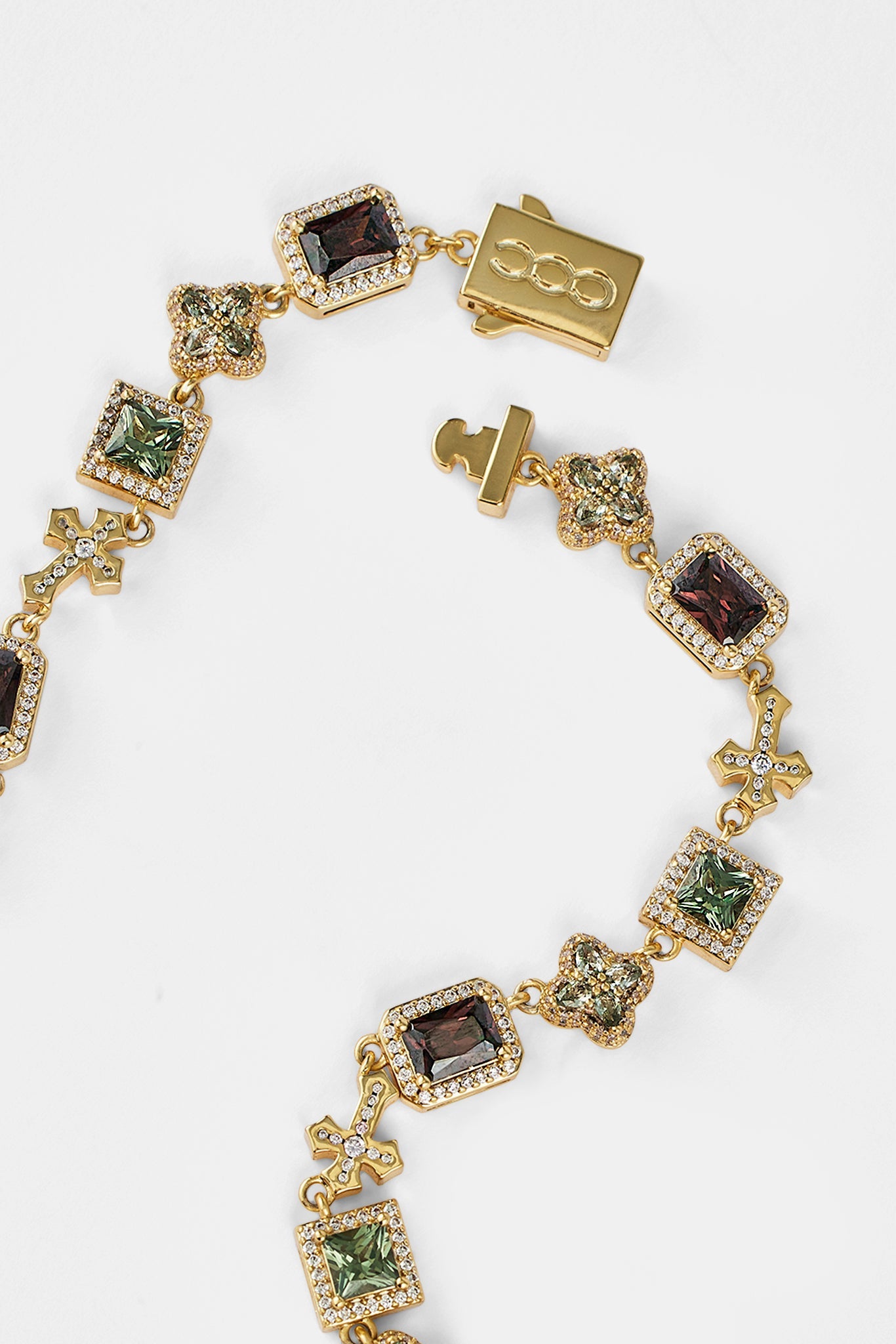 Chocolate Motif & Cross Multi Gemstone Chain -Â  8mm - Gold