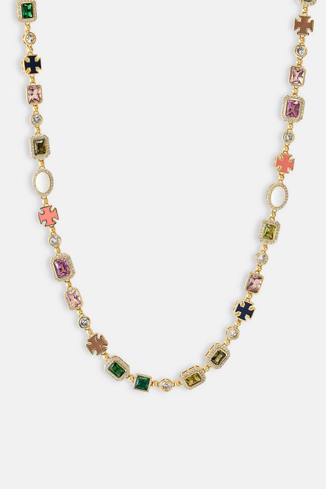 Multi Gemstone Motif Necklace - Gold Pink & Green - 10mm