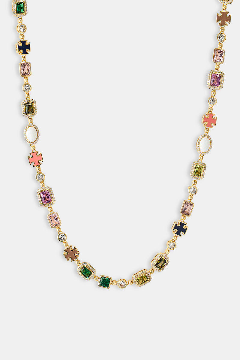 Multi Gemstone Motif Necklace - Gold Pink & Green - 10mm