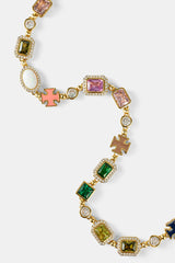 Multi Gemstone Motif Necklace - Gold Pink & Green - 10mm