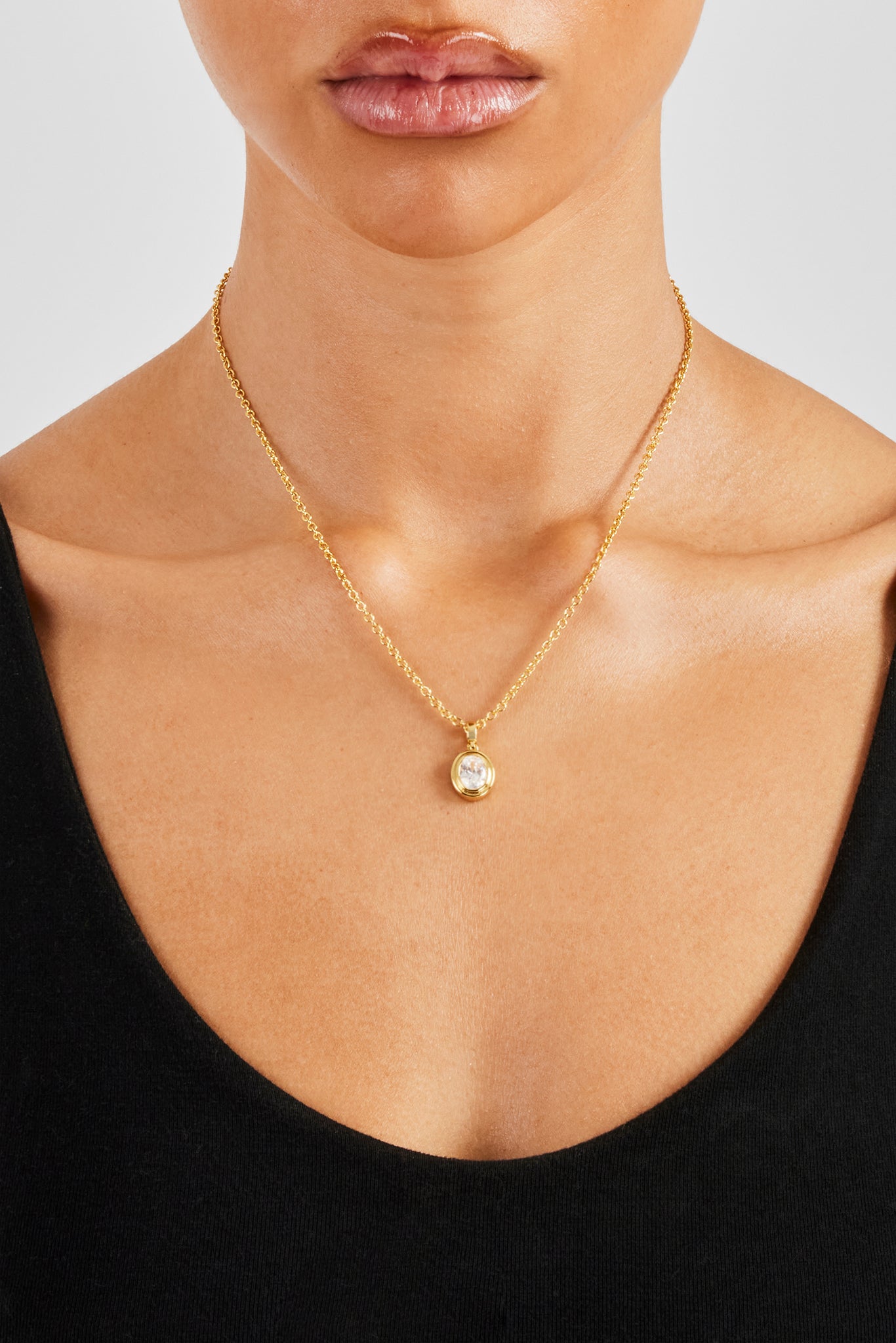 Oval Cz Pendant Necklace - 12mm - Gold