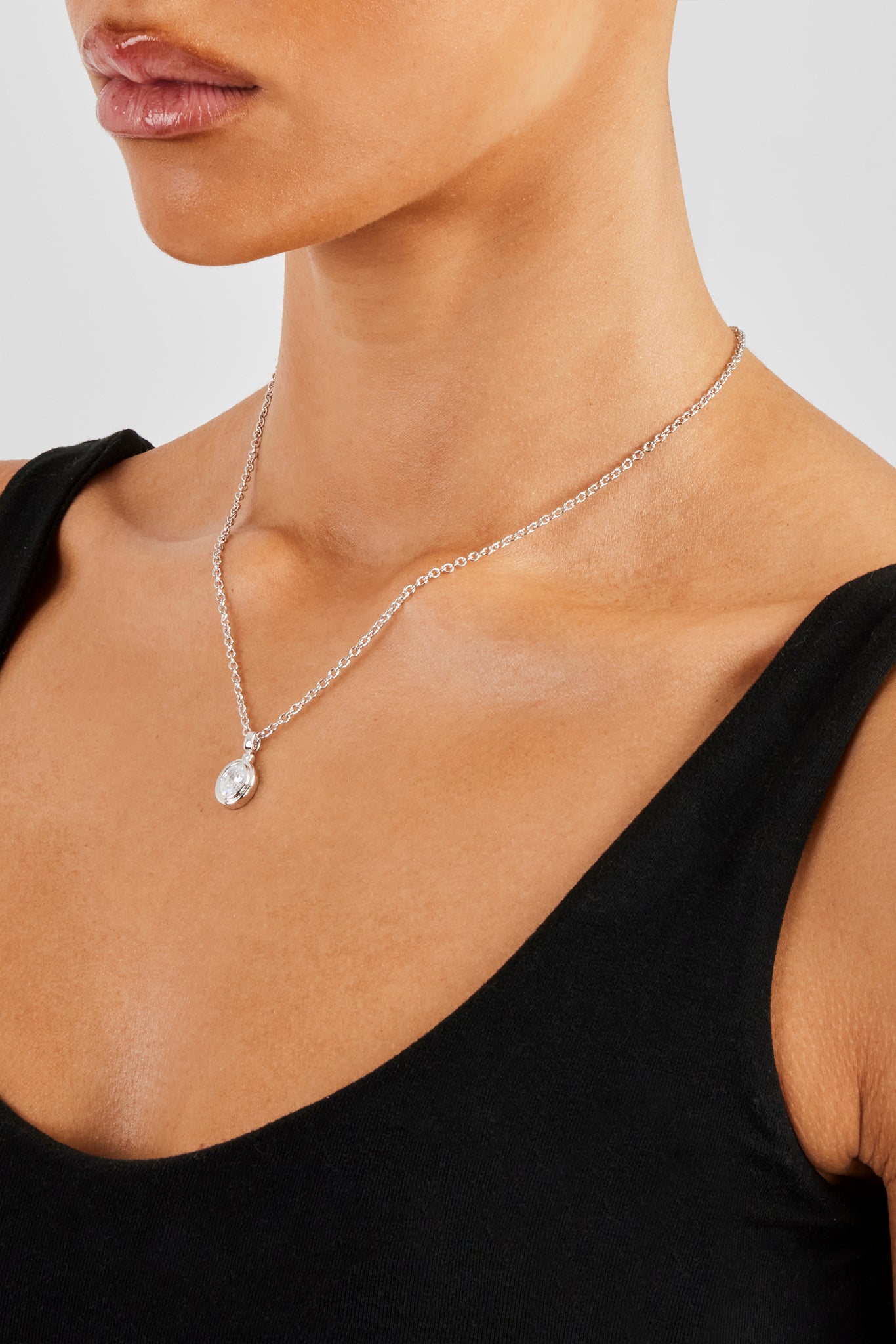 Oval Cz Pendant Necklace - 12mm - White