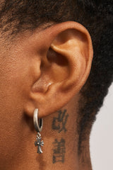 Oxidised Cross Drop Hoop Earrings - 10mm - White