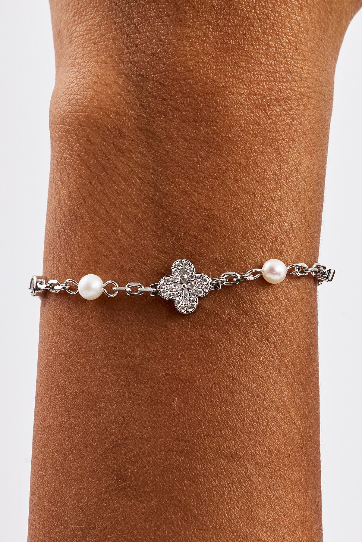 CZ & Micro Pearl Motif Bracelet - 3mm - White