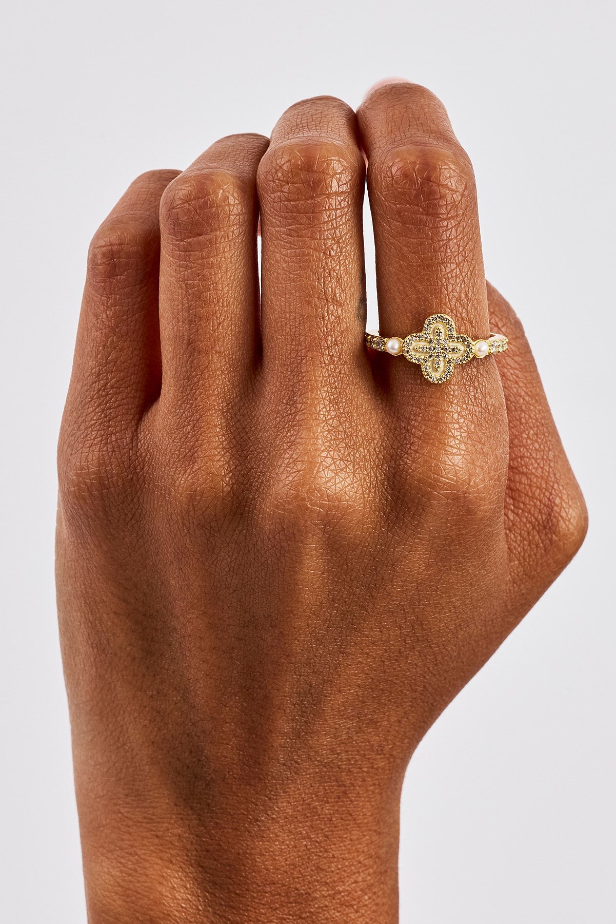 Iced Tennis & Micro Pearl Motif Ring - 5mm - Gold