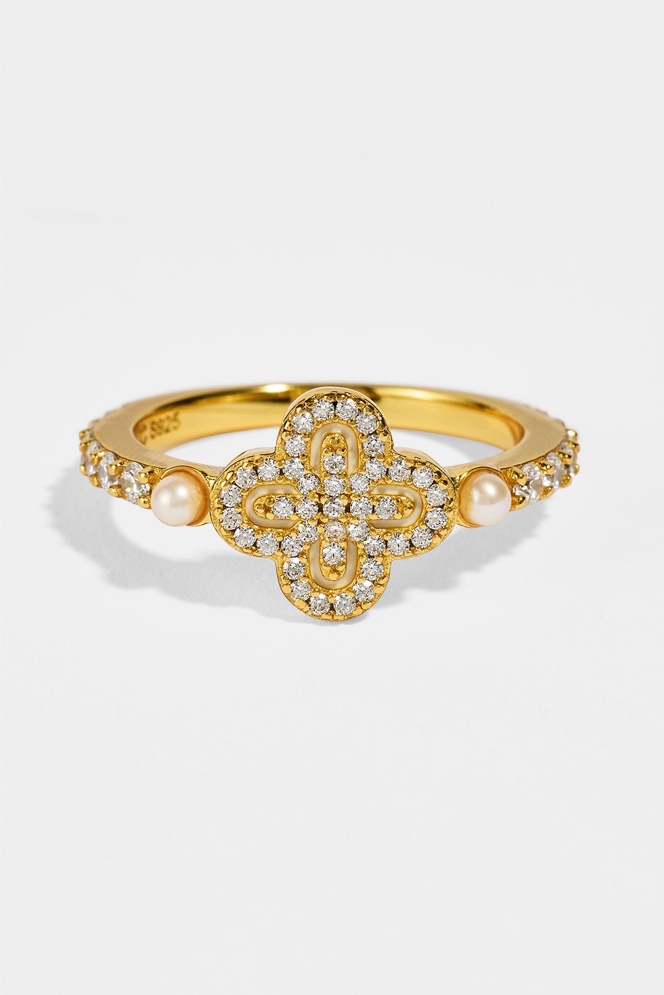 Iced Tennis & Micro Pearl Motif Ring - 5mm - Gold