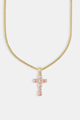 Iced Pink Gemstone Cross Cuban Necklace - 40mm