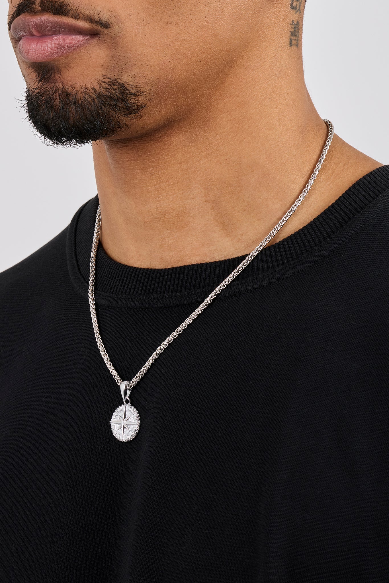 Compass Pendant & 3mm Polished Wheat Link Necklace - White