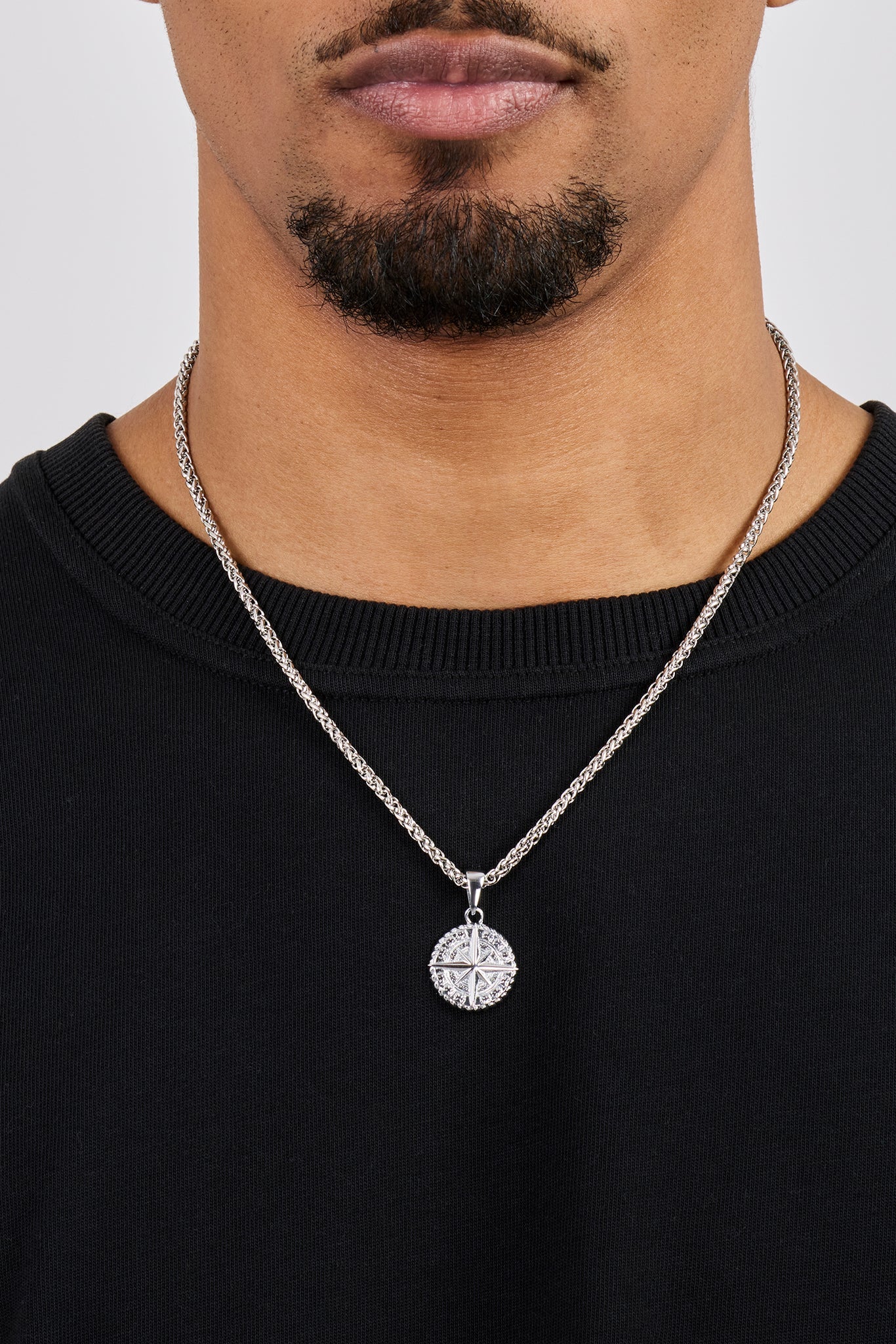 Compass Pendant & 3mm Polished Wheat Link Necklace - White