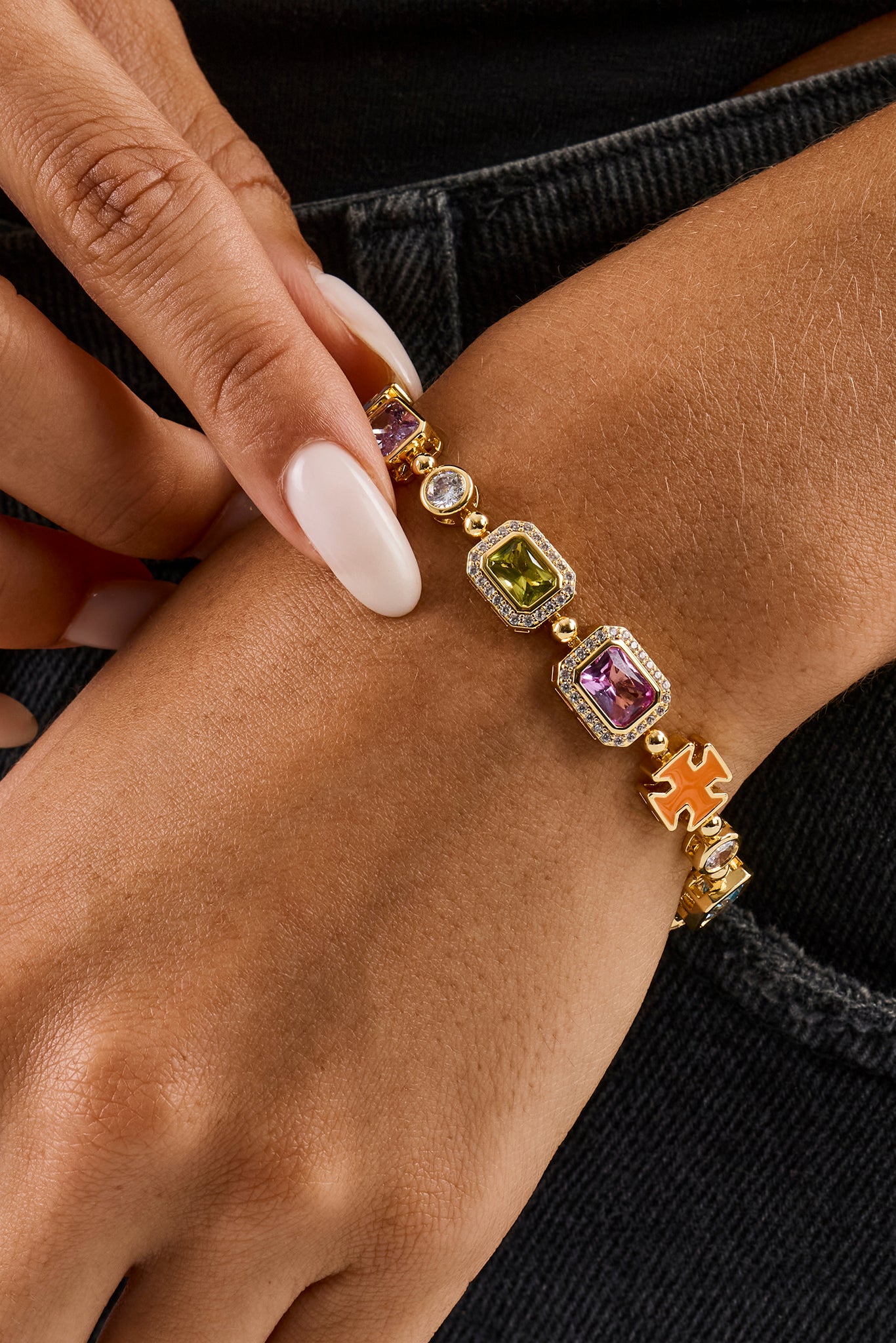 Pink Multi Gemstone Motif Bracelet - Gold - 10mm