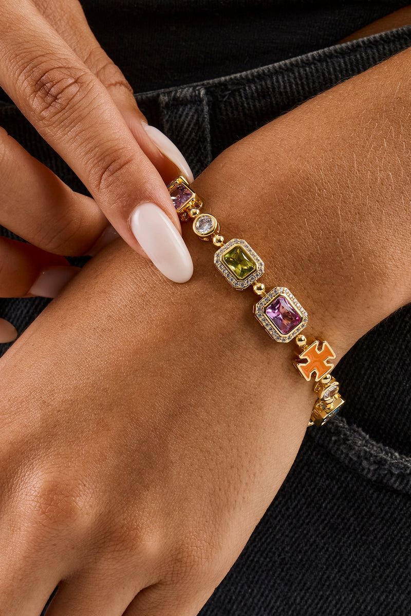 Pink Multi Gemstone Motif Bracelet - Gold - 10mm