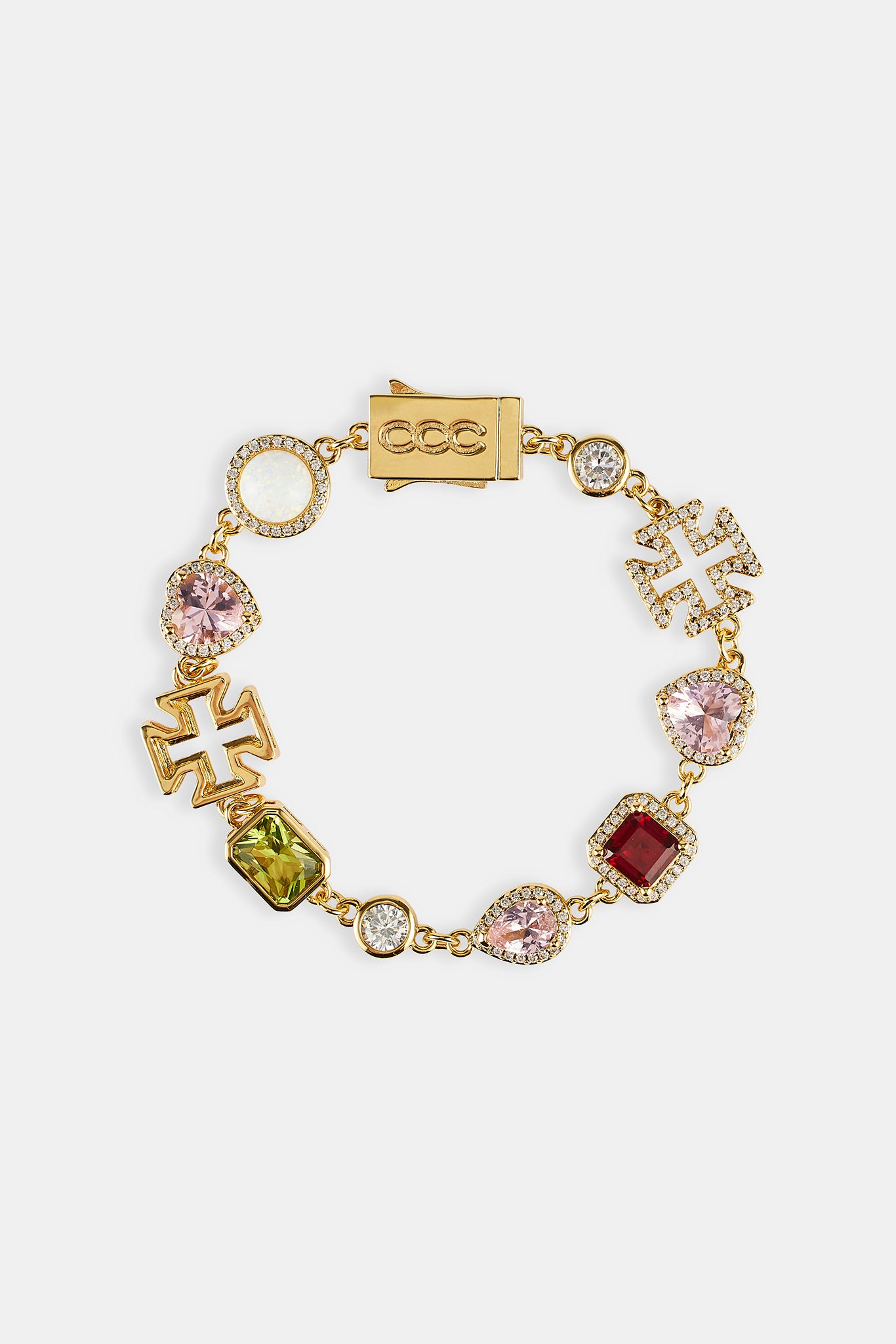 Pink Heart Multi Gem Bracelet - Gold - 10mm