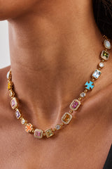 Pink Multi Gemstone Motif Necklace - Gold - 10mm