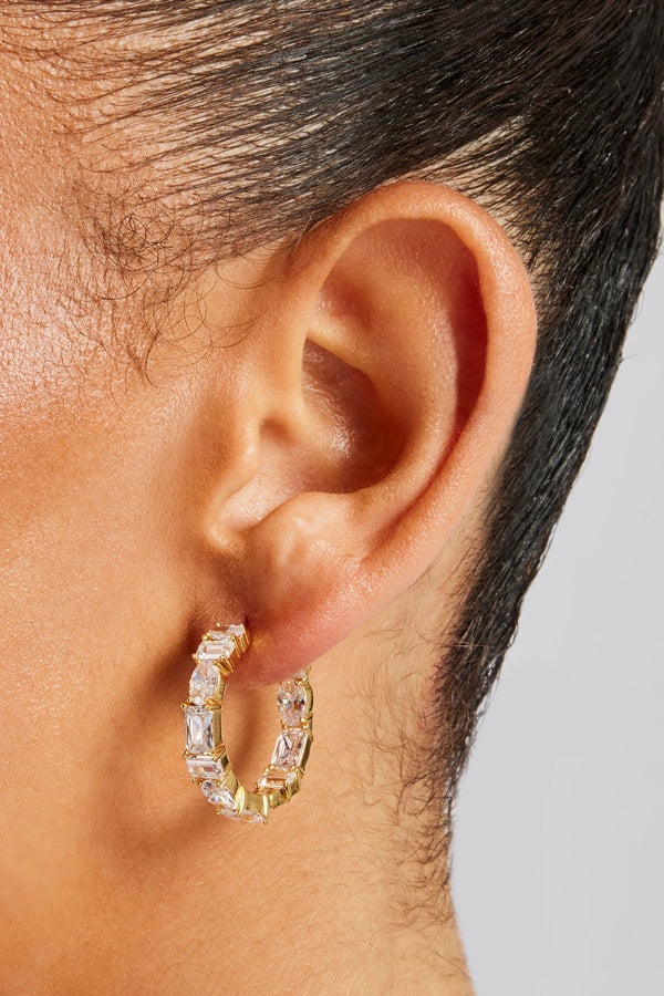 Iced Clear Mixed Gem Hoop Earrings - 25mm Gold