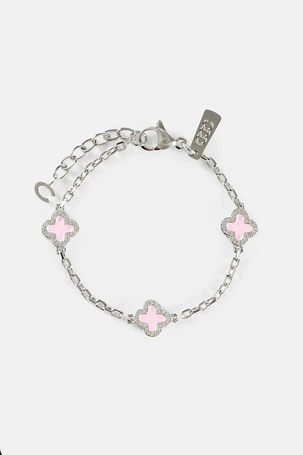 2.5mm Micro Tennis Bracelet & 10mm Pink Enamel Motif Rolo Link Bracelet - White