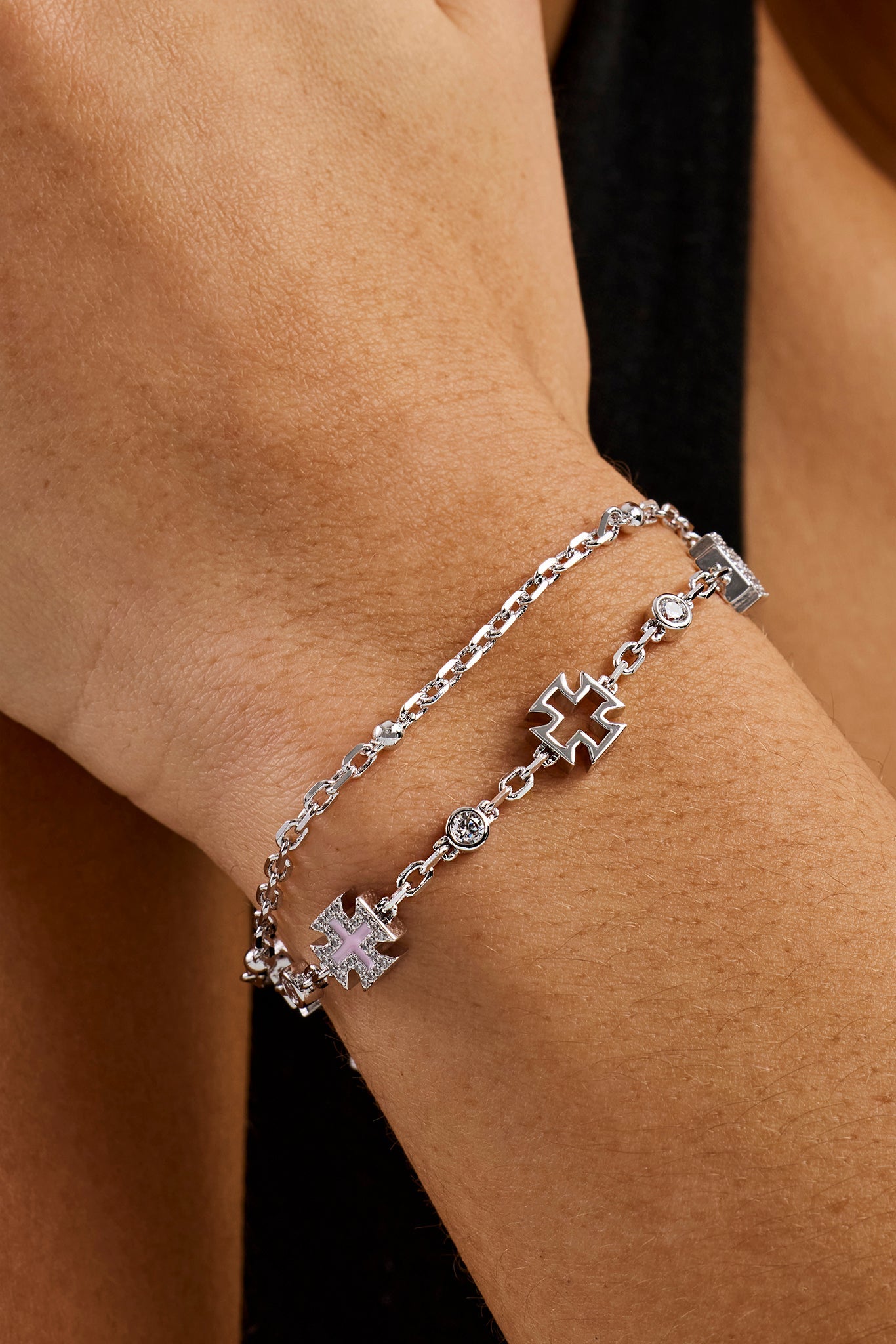 Pink Motif Double Layer Rolo Bracelet - 8mm - White