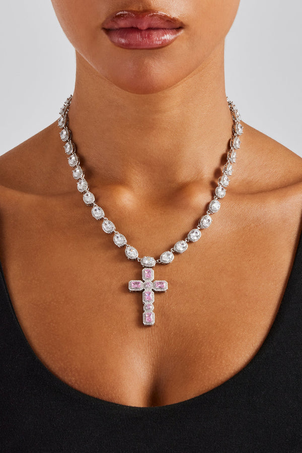 Oval Gemstone Pink Cross Drop Chain - 8mm