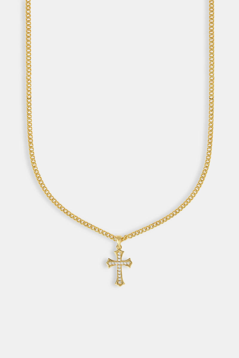 Polished Edge Iced Cross Cuban Necklace - 25mm - Gold