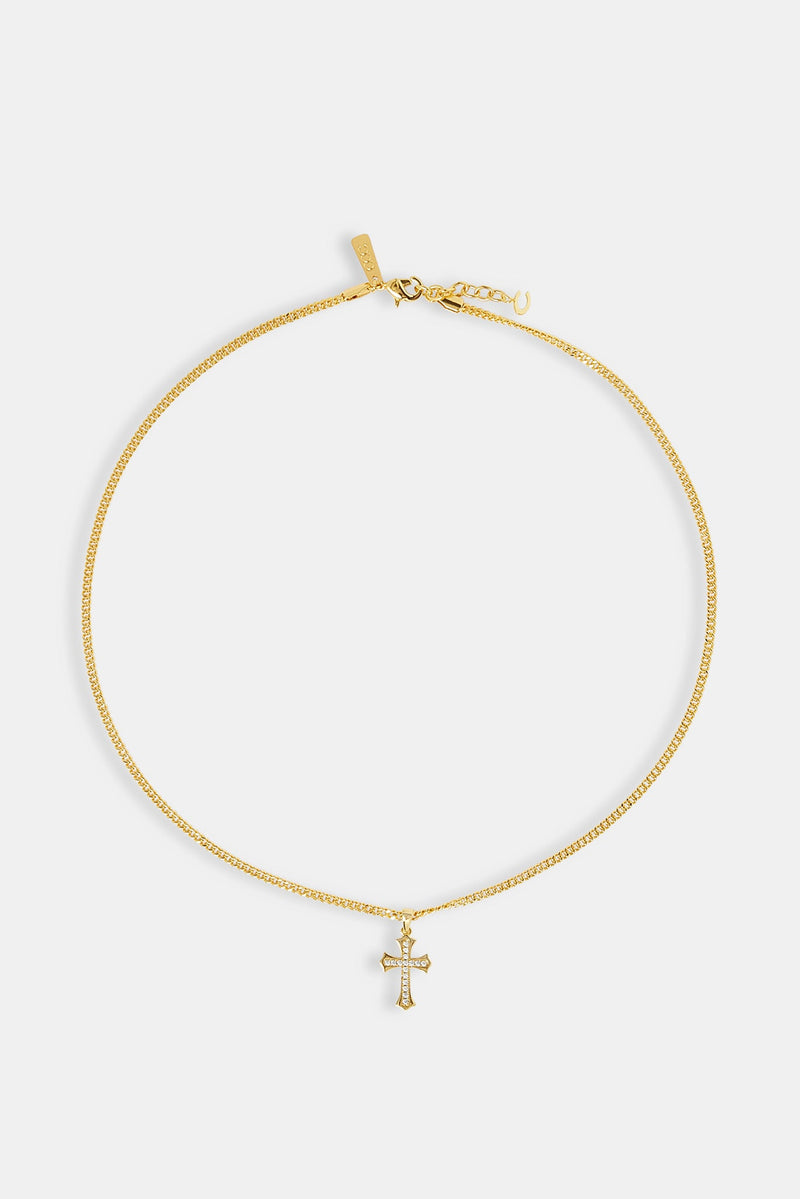 Polished Edge Iced Cross Cuban Necklace - 25mm - Gold