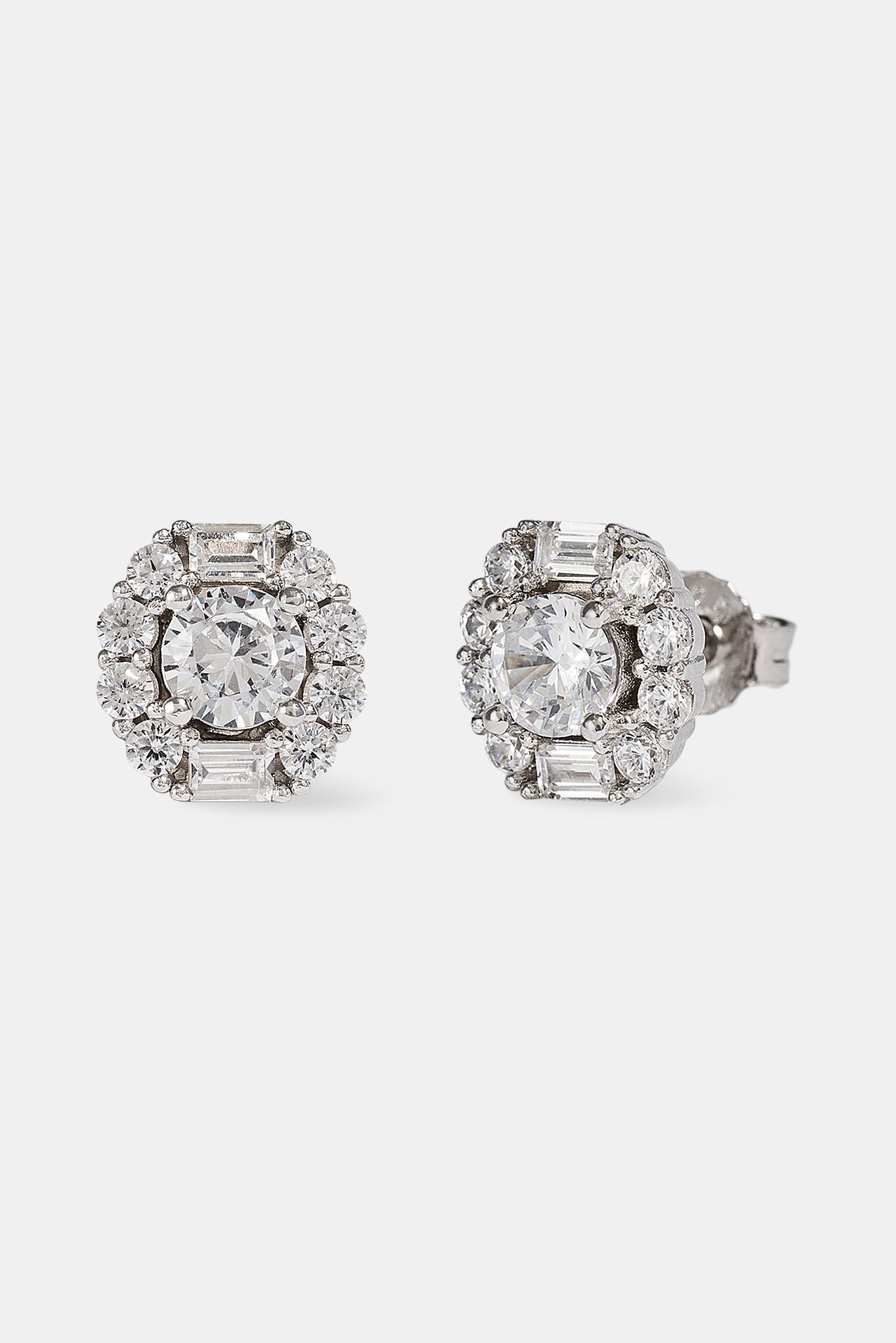 Round Baguette Cluster Stud Earrings - 9mm - White