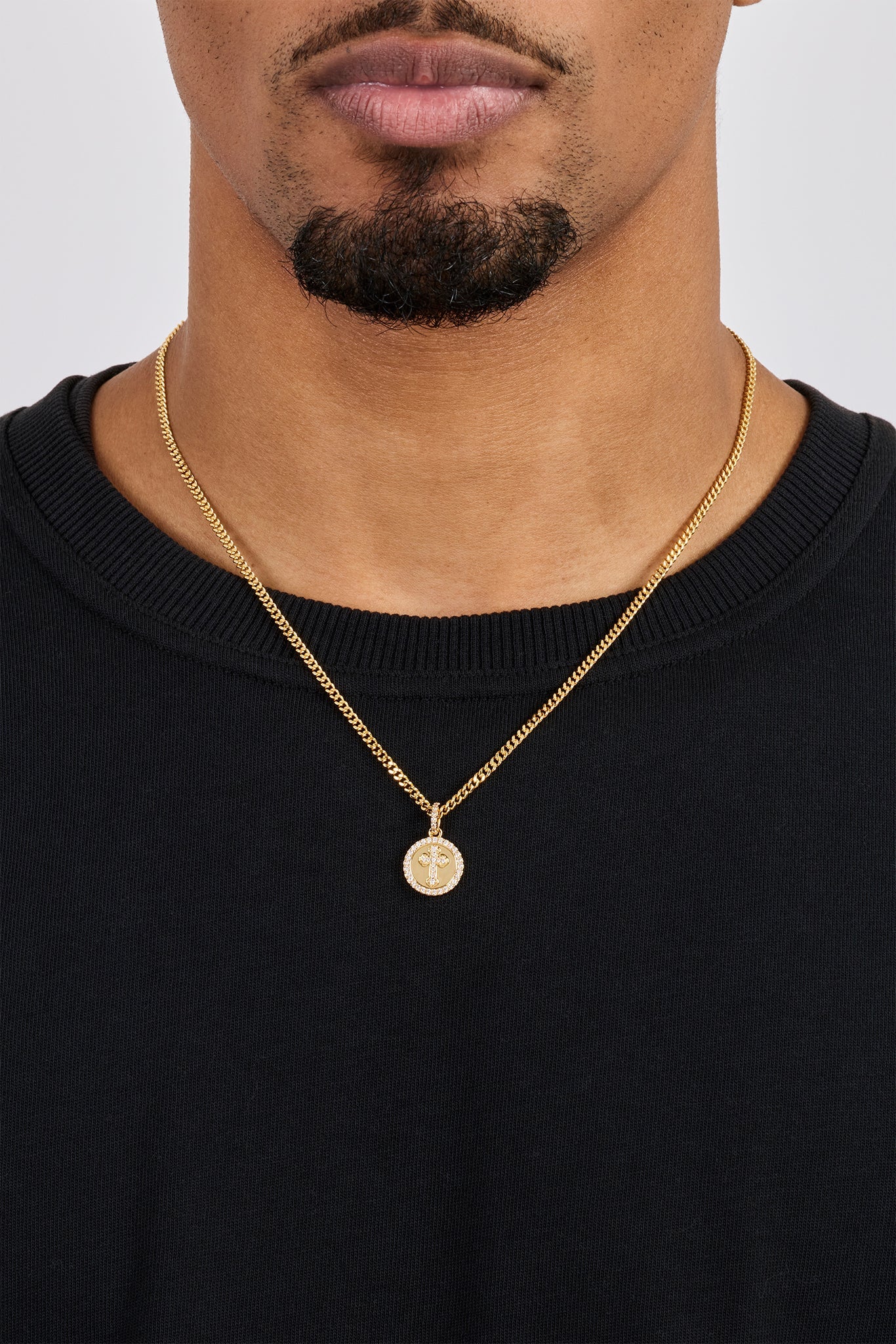 Iced Cross Disk Necklace - 13mm - Gold