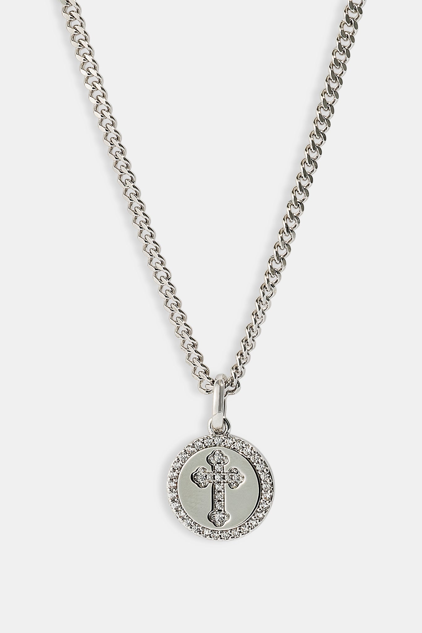 Iced Cross Disk Necklace - 13mm - White