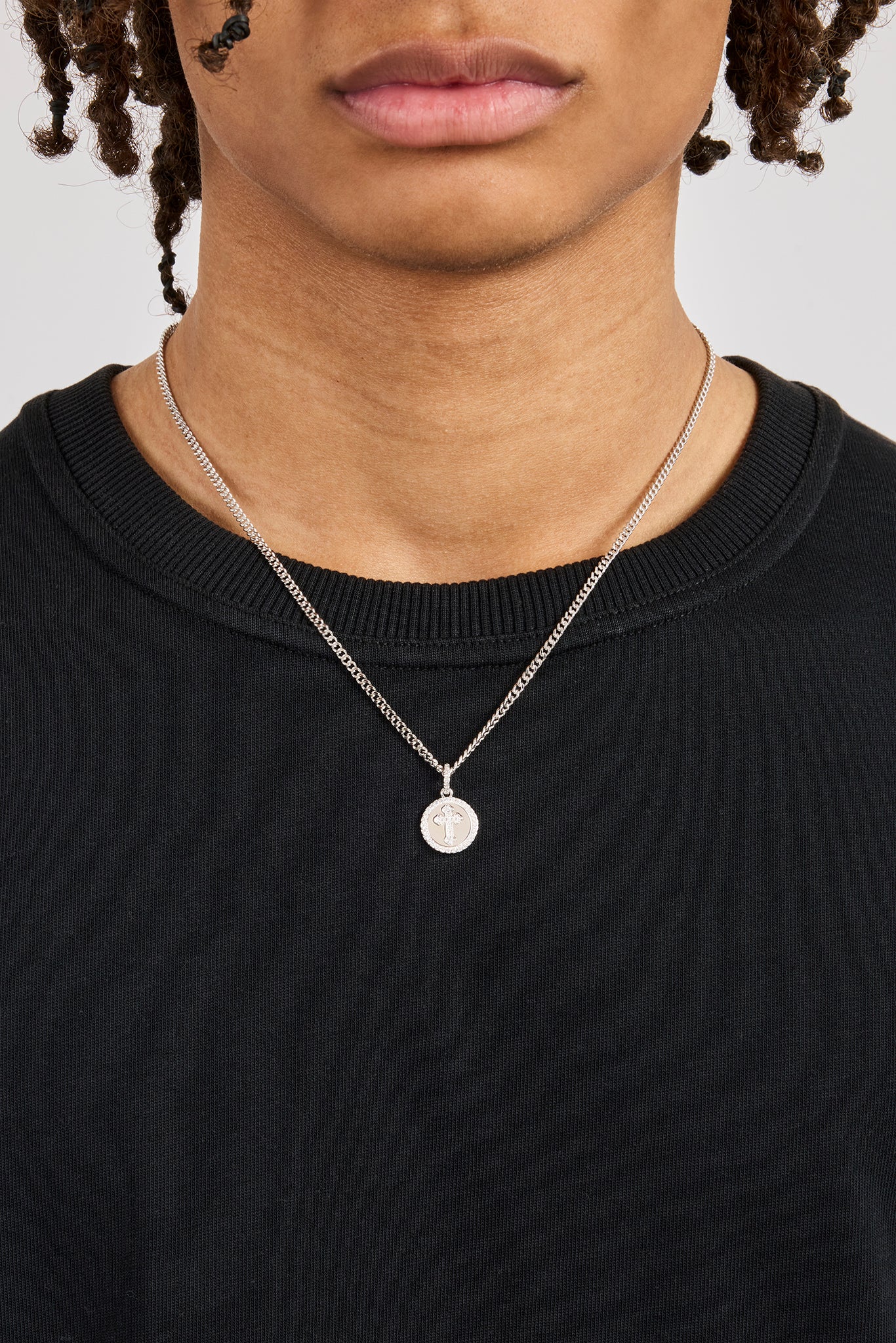 Iced Cross Disk Necklace - 13mm - White