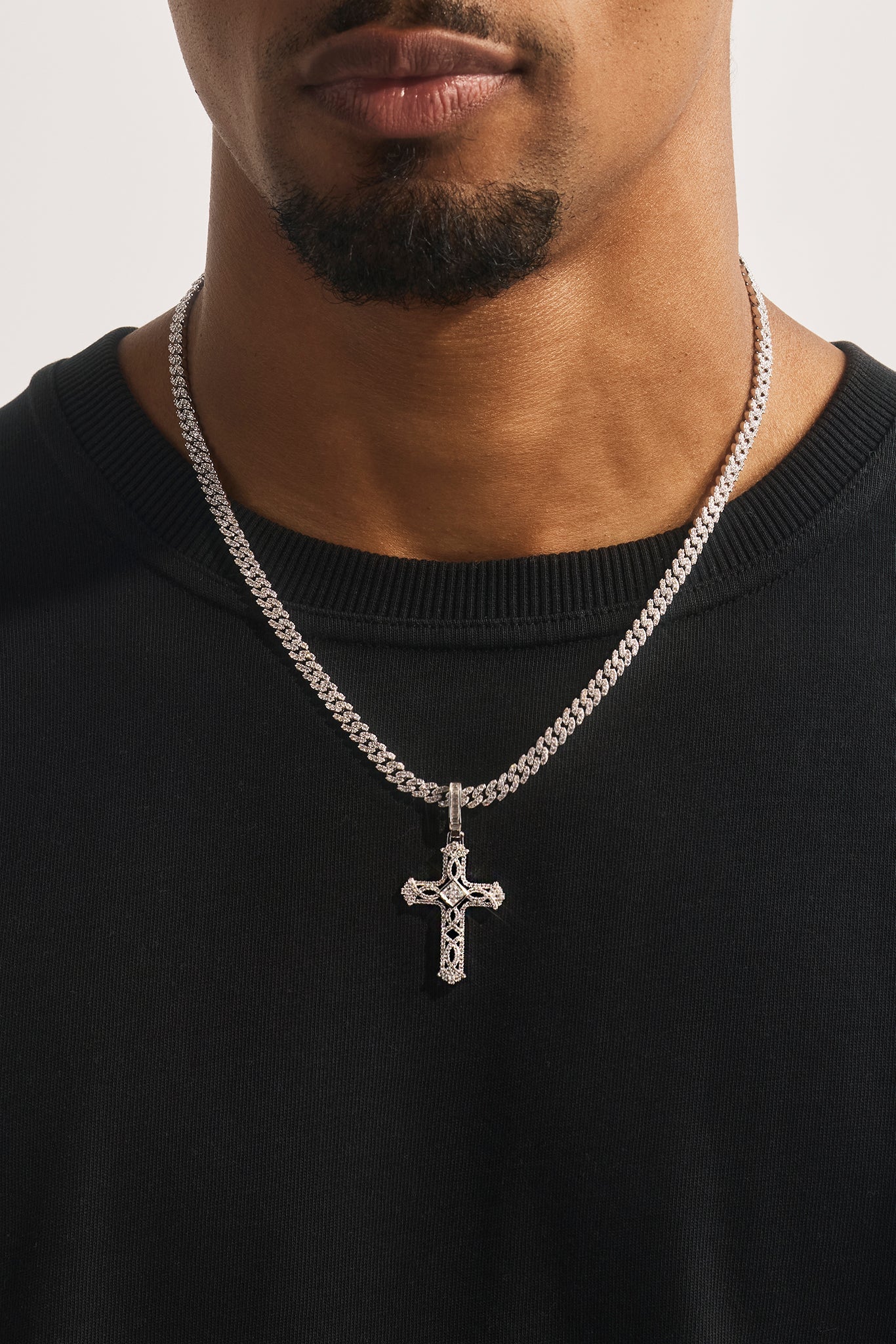 Centre Stone Cross Pendant Cuban Necklace - 25mm - White