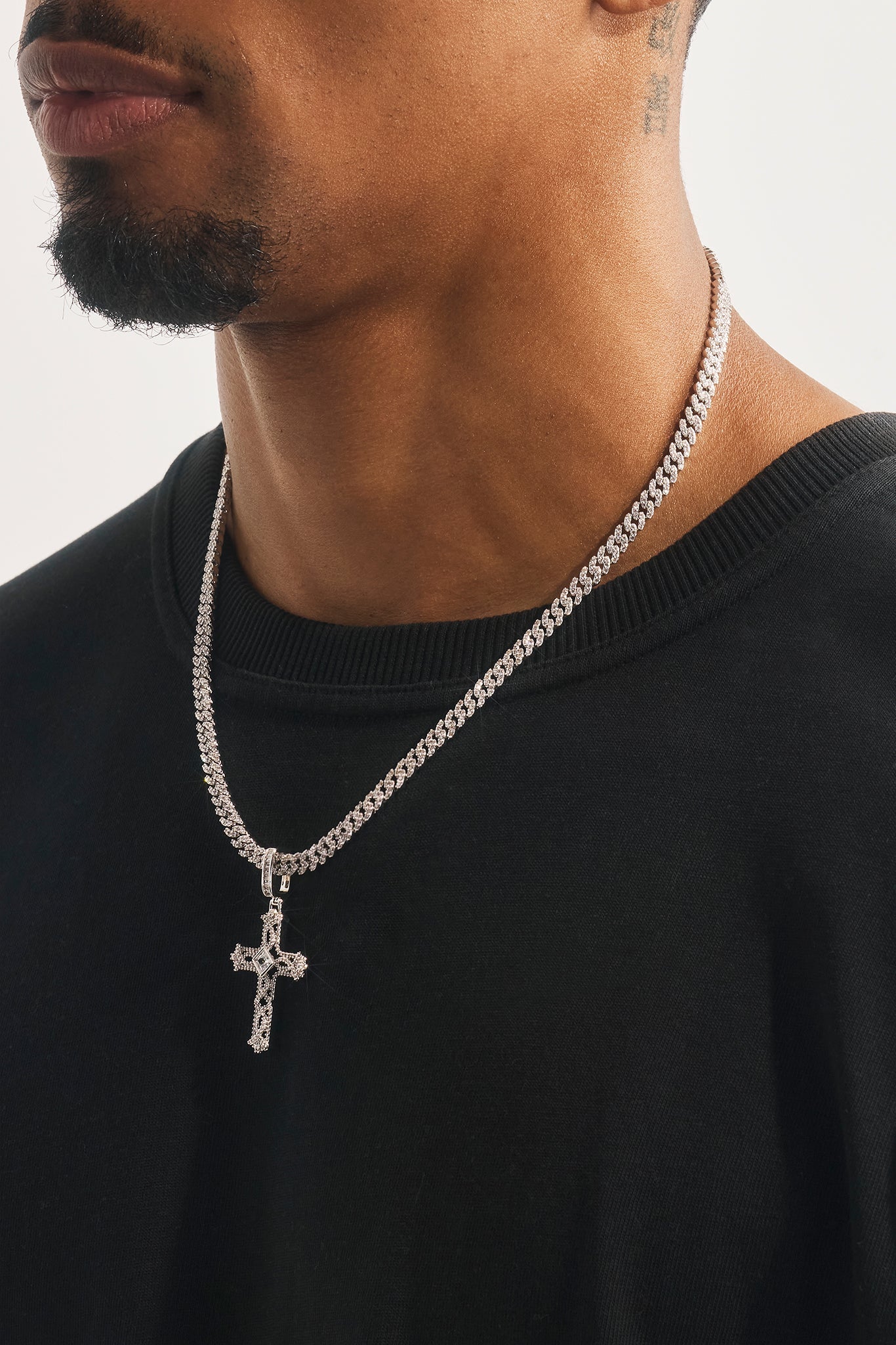 Centre Stone Cross Pendant Cuban Necklace - 25mm - White