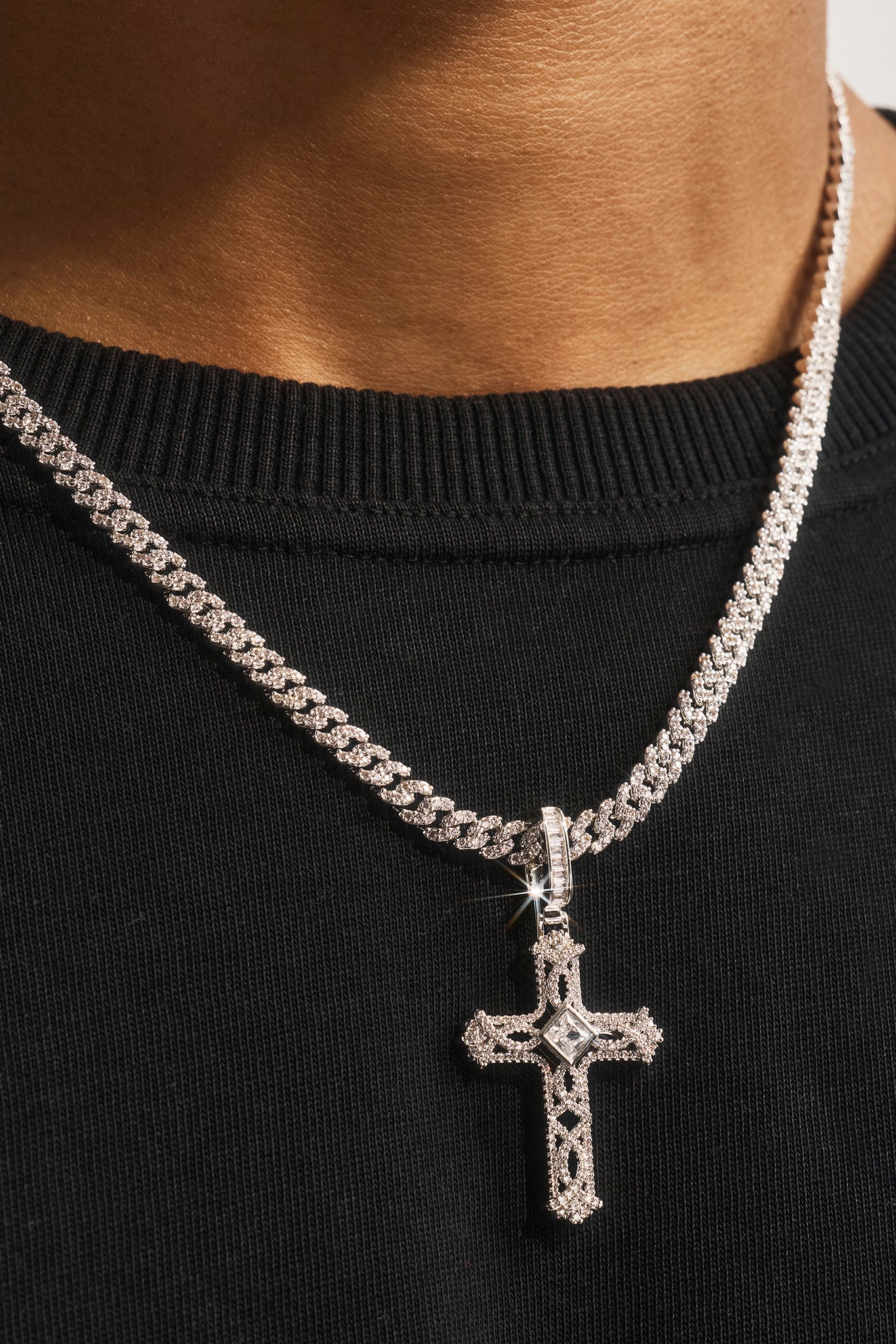 Centre Stone Cross Pendant Cuban Necklace - 25mm - White