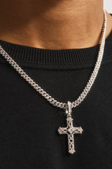 Centre Stone Cross Pendant Cuban Necklace - 25mm - White