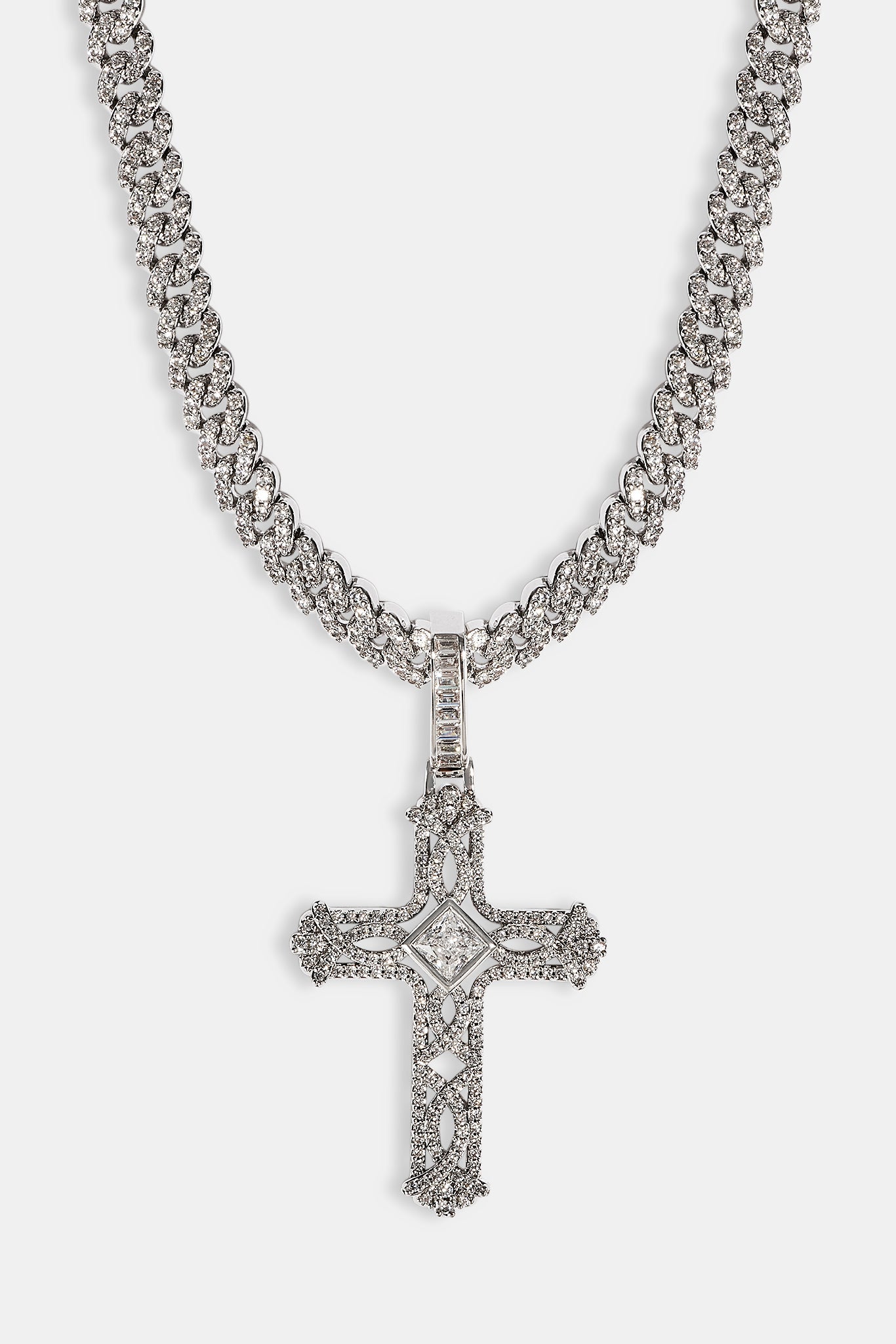 Centre Stone Cross Pendant Cuban Necklace - 25mm - White