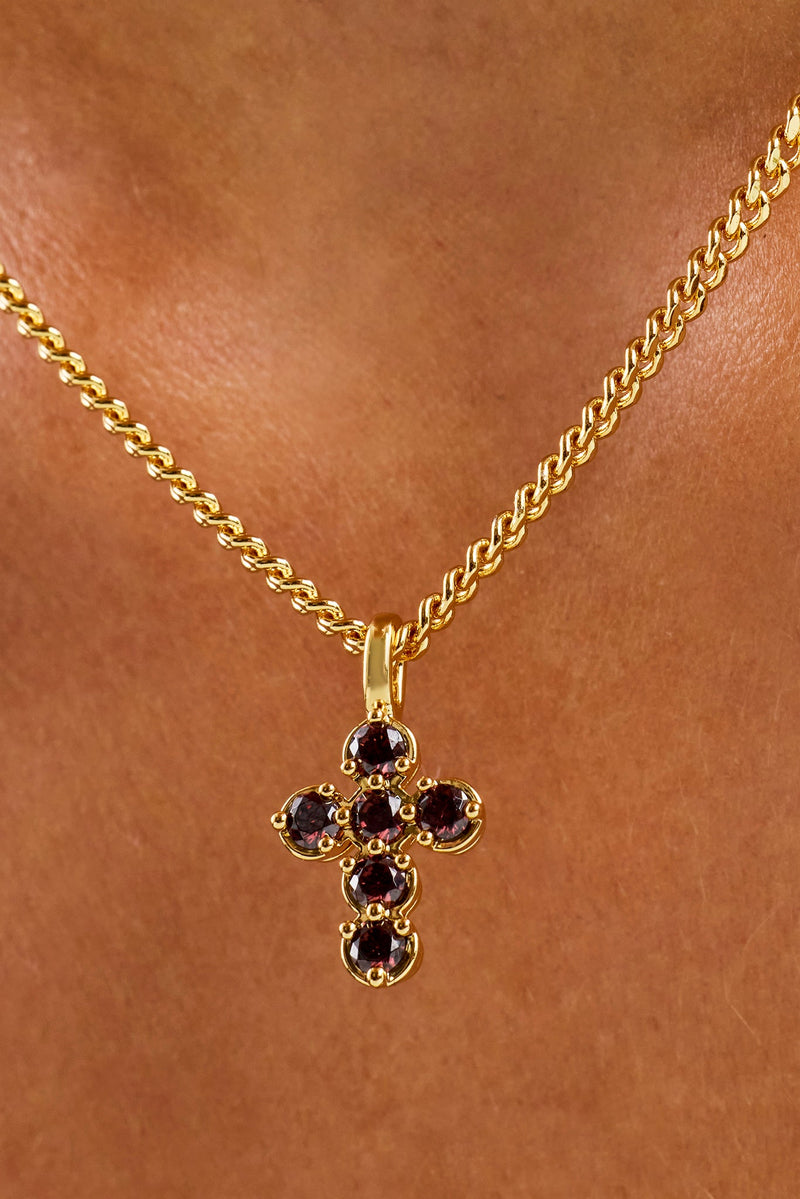 Chocolate CZ Stone Cross Necklace - 2.5mm - Gold