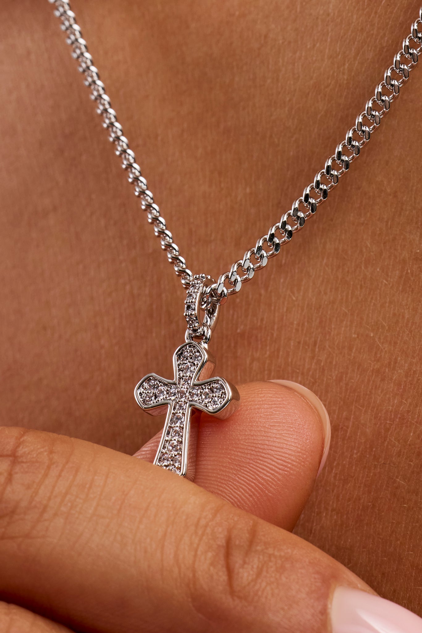 Clear CZ Cross Necklace - 15mm - White