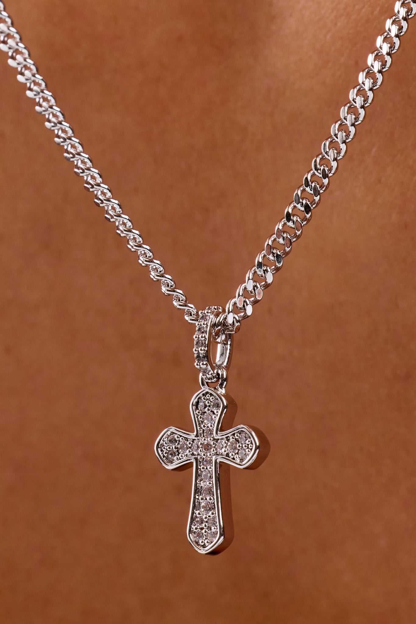Clear CZ Cross Necklace - 15mm - White