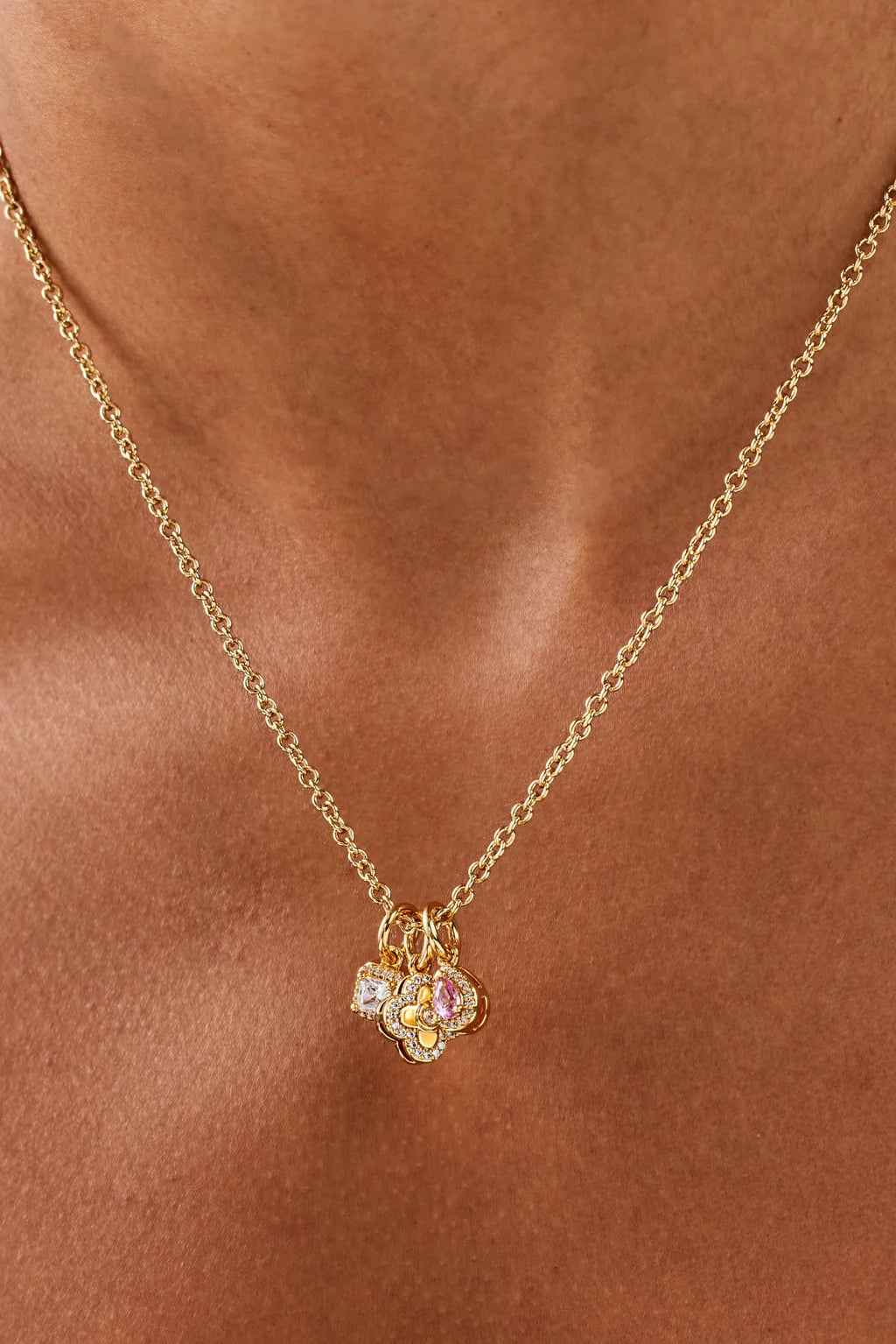 Triple Motif and Multi Gem Necklace - 10mm - Gold & Large Premium Gift Box