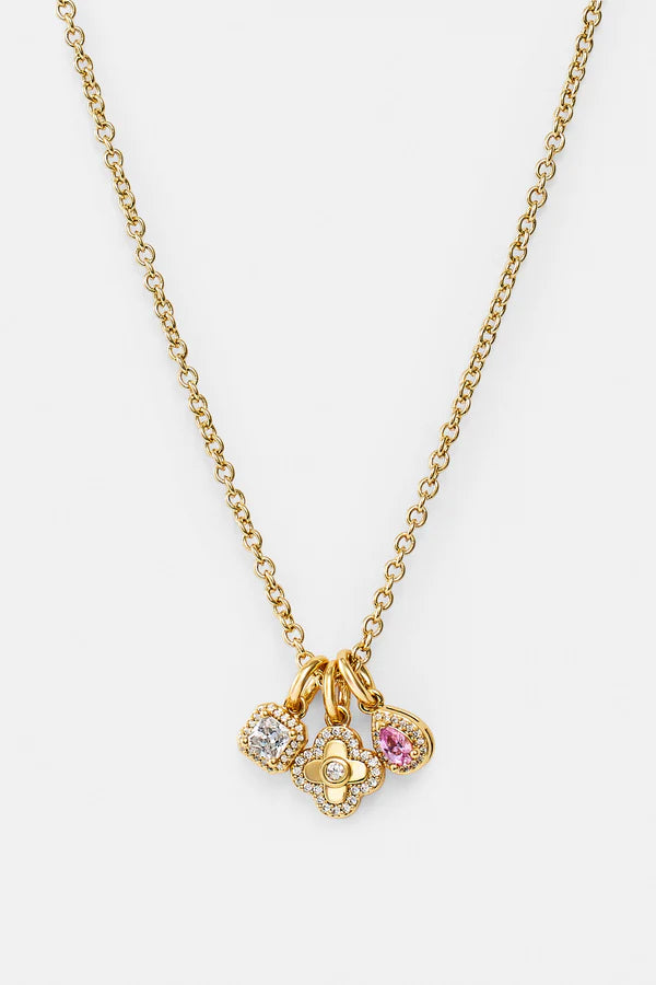 Triple Motif and Multi Gem Necklace - 10mm - Gold & Large Premium Gift Box