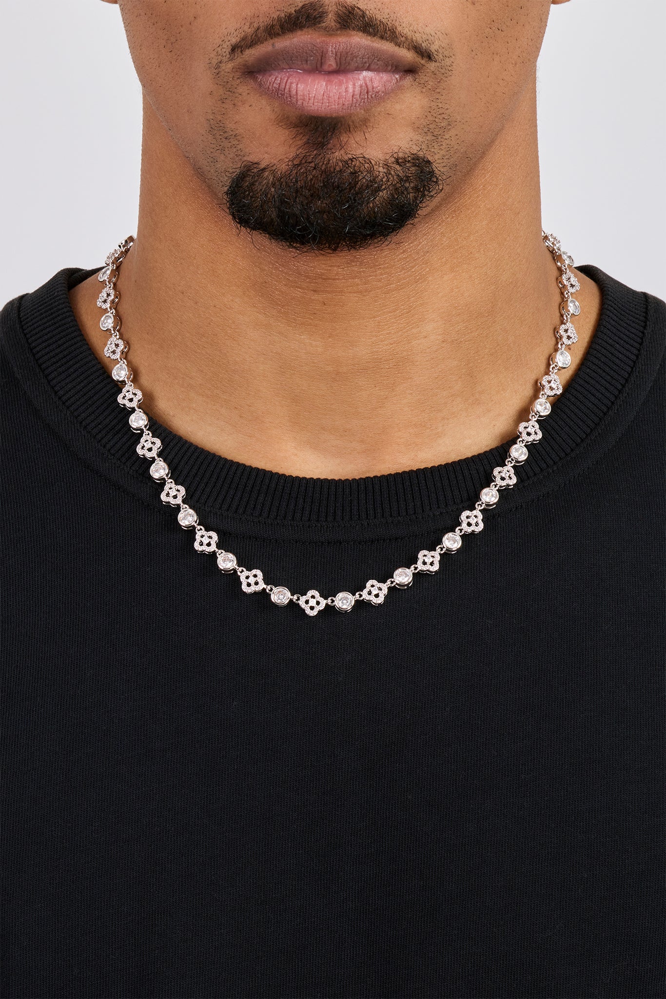 Iced Motif & Round Gemstone Chain - 8mm - White