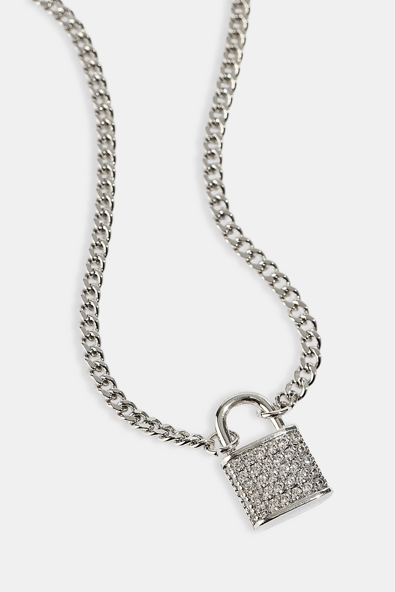 Iced Padlock Pendant Necklace - 15mm - White