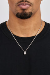 Iced Padlock Pendant Necklace - 15mm - White