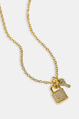 Iced Padlock & Key Necklace - 10mm - Gold