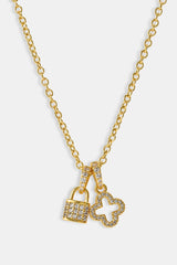Iced Padlock & Motif Necklace - 10mm - Gold