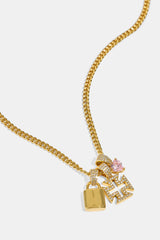 Triple Heart & Lock Pendant Necklace - 10mm - Gold